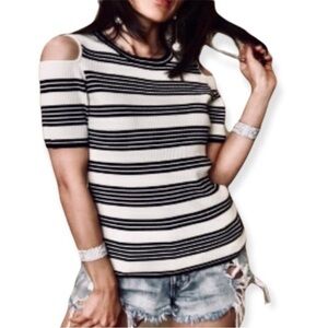 Frame Ribbed Multi Stripe Short‎ Sleeve Cutout Detail Wool Blend Sweater